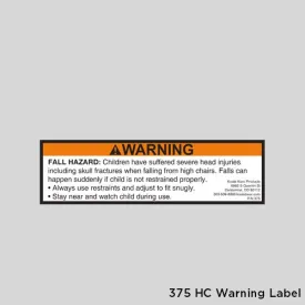 375 - WARNING LABEL for Koala KB105 Designer, KB615 Stowe, KB850/KB950 Diner, KB833 ECO, and KB866/KB67/KB888/KB966/KB977 KidSitter High Chairs