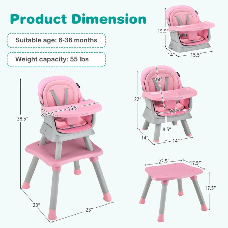 6-in-1 Convertible Baby High Chair with Adjustable Removable Tray - Pink