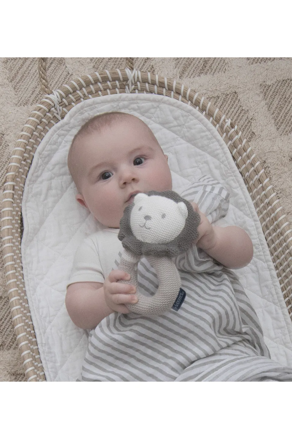 Austin the Lion Rattle   Charcoal Stripe Muslin Swaddle Grey