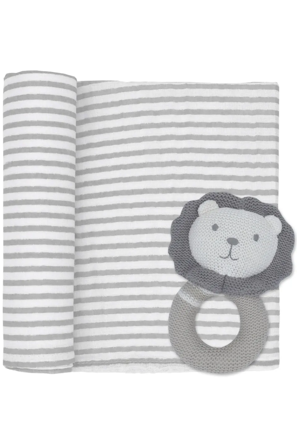 Austin the Lion Rattle   Charcoal Stripe Muslin Swaddle Grey