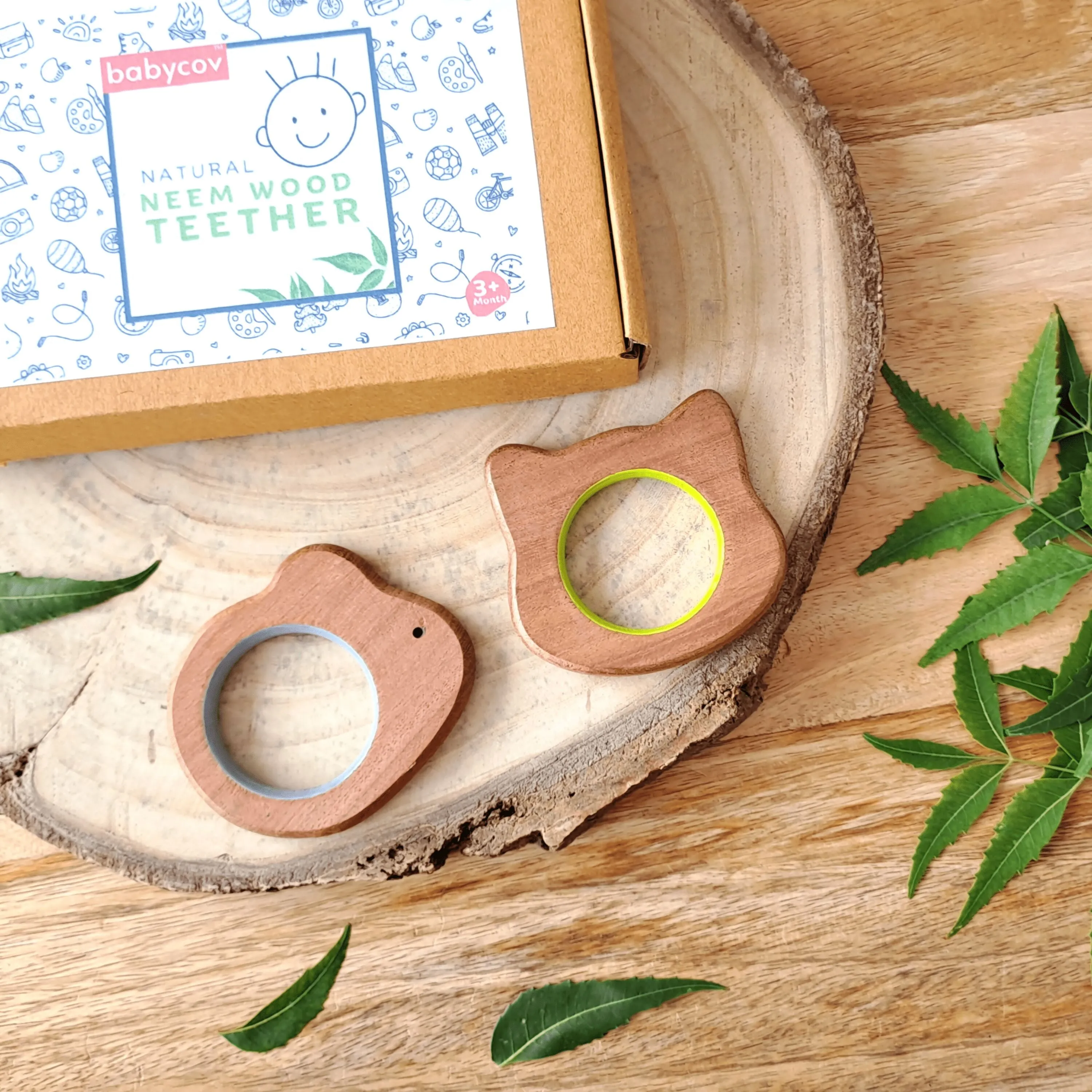 BABYCOV Cute Mouse and Cat Natural Neem Wood Teethers for Babies | Natural and Safe | Goodness of Organic Neem Wood | Both Chewing and Grasping Toy | Set of 2 (Age 4  Months)