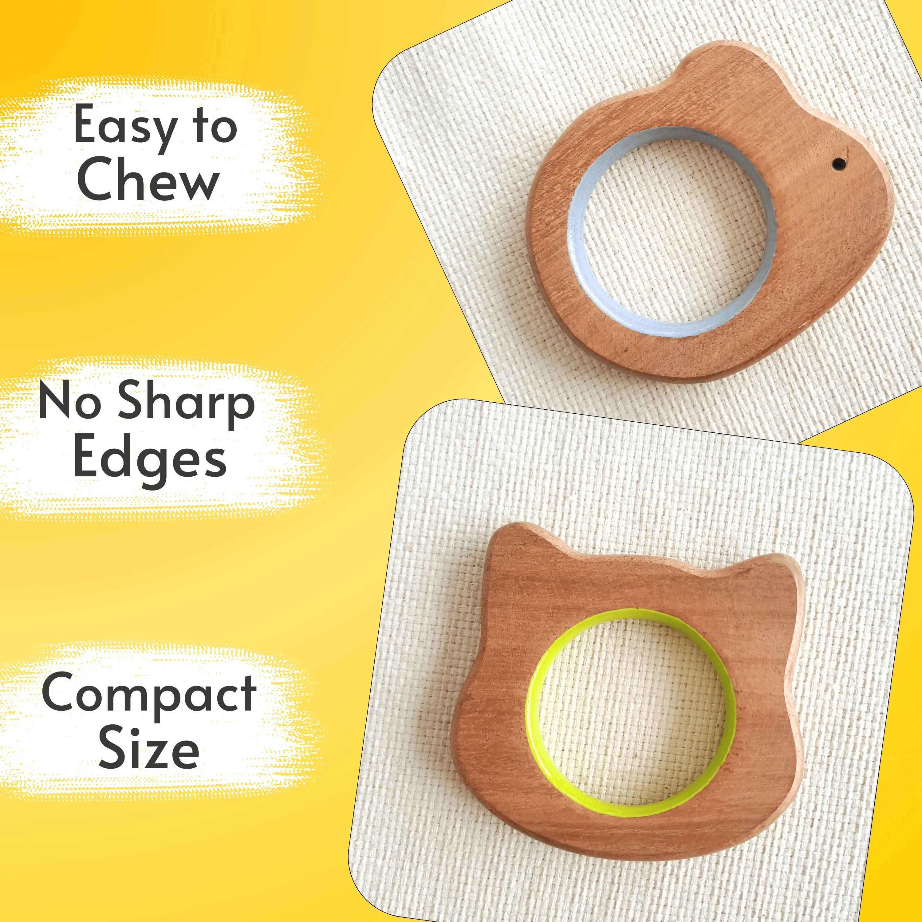 BABYCOV Cute Mouse and Cat Natural Neem Wood Teethers for Babies | Natural and Safe | Goodness of Organic Neem Wood | Both Chewing and Grasping Toy | Set of 2 (Age 4  Months)