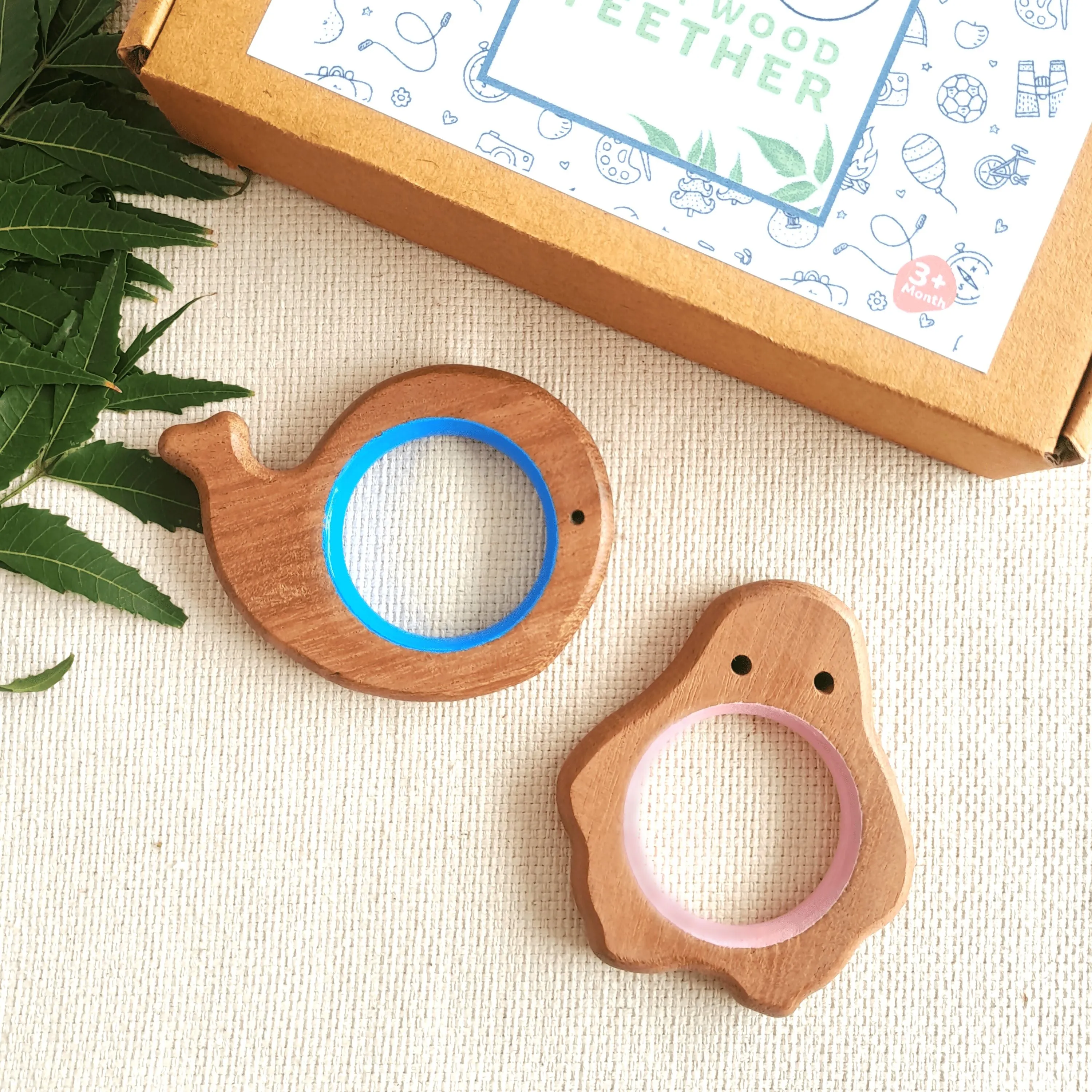 BABYCOV Cute Whale and Penguin Natural Neem Wood Teethers for Babies | Natural and Safe | Goodness of Organic Neem Wood | Both Chewing and Grasping Toy | Set of 2 (Age 4  Months)