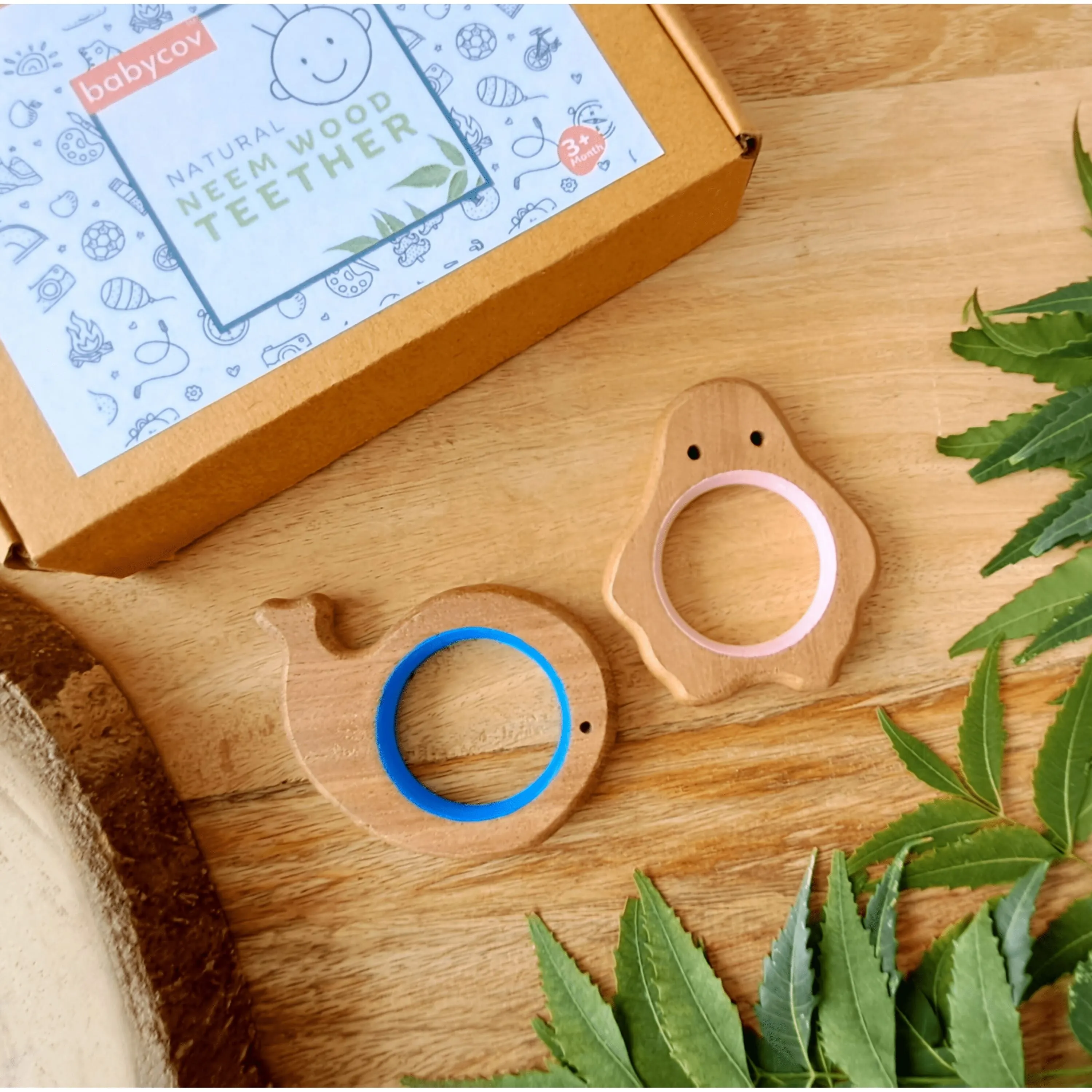 BABYCOV Cute Whale and Penguin Natural Neem Wood Teethers for Babies | Natural and Safe | Goodness of Organic Neem Wood | Both Chewing and Grasping Toy | Set of 2 (Age 4  Months)