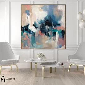 Beige, pink & blue abstract oversized wall art made to order in a custom size