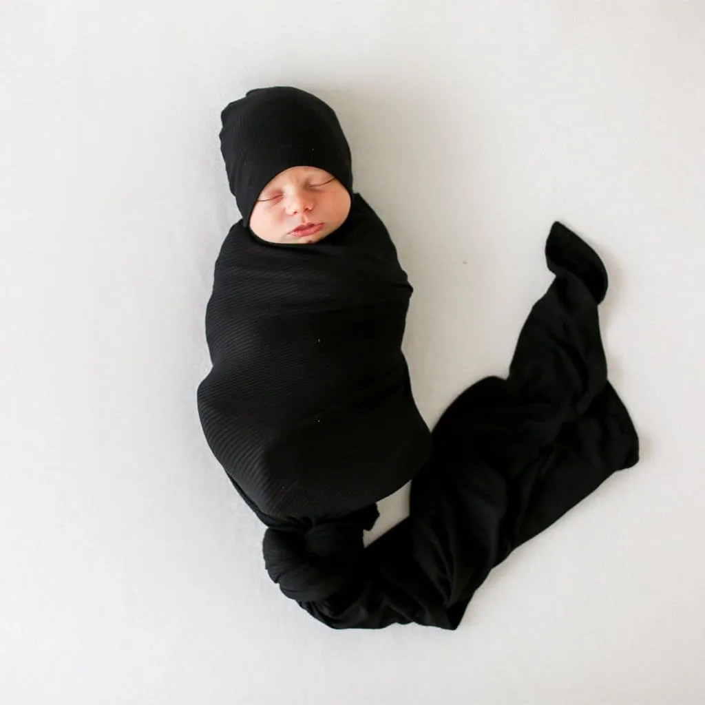 Black Ribbed Swaddle Beanie Set