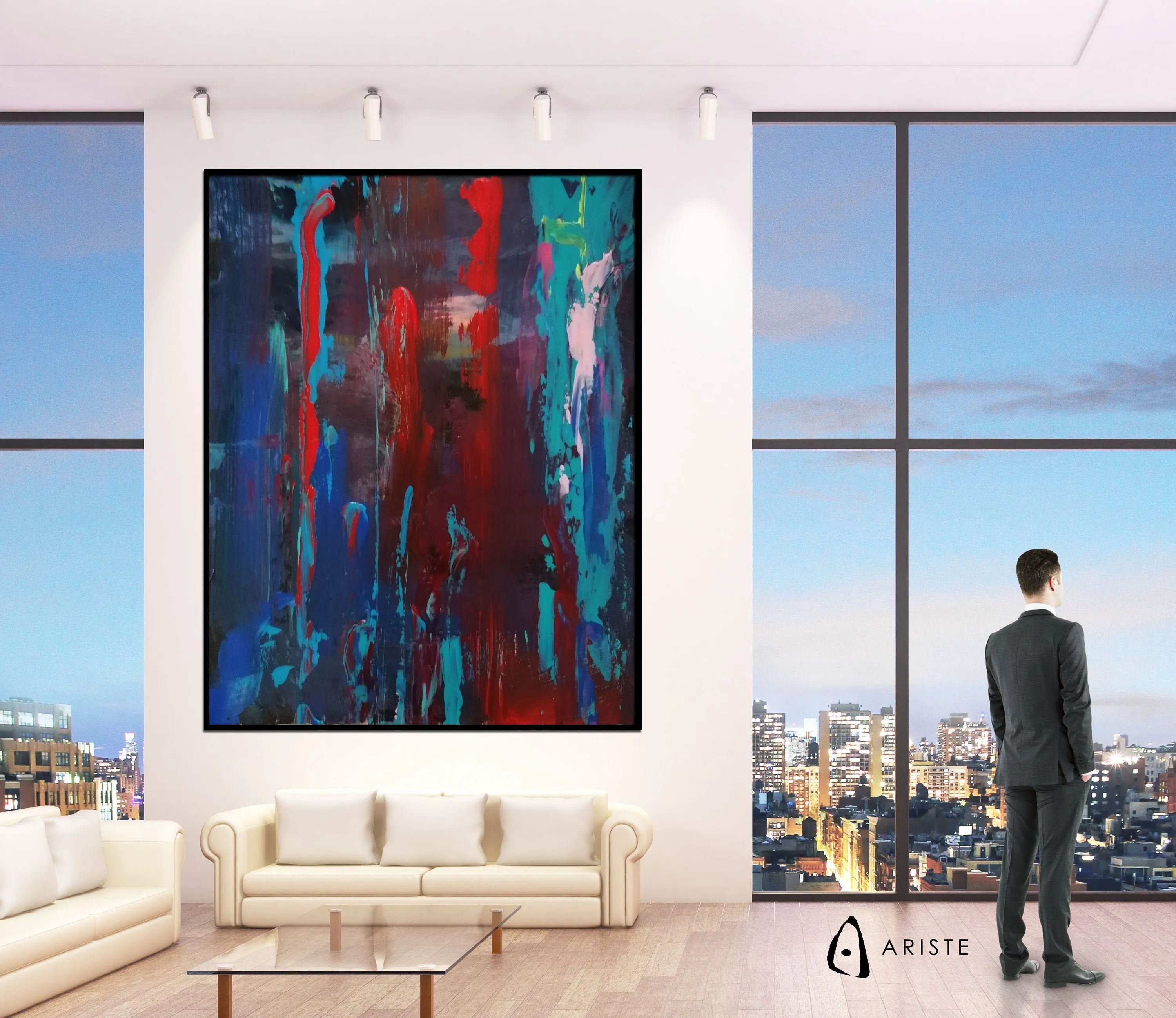 Blue & red large abstract paintings made to order in a custom size