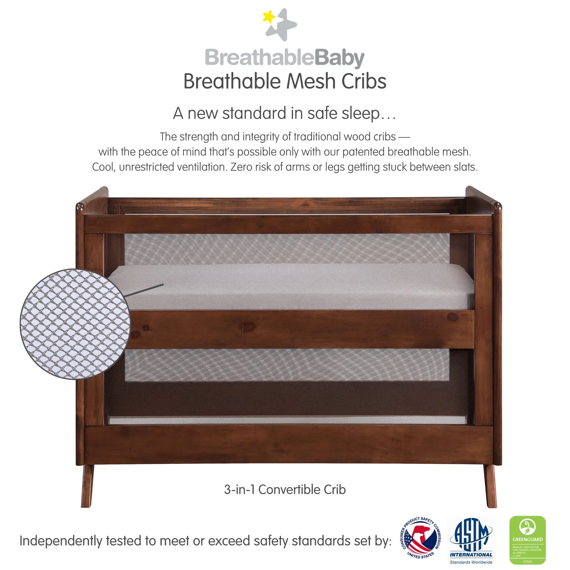 BreathableBaby Mesh 3-in-1 Convertible Crib - Walnut