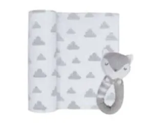 Charley the Fox Rattle & Charcoal Cloud Muslin Swaddle Grey