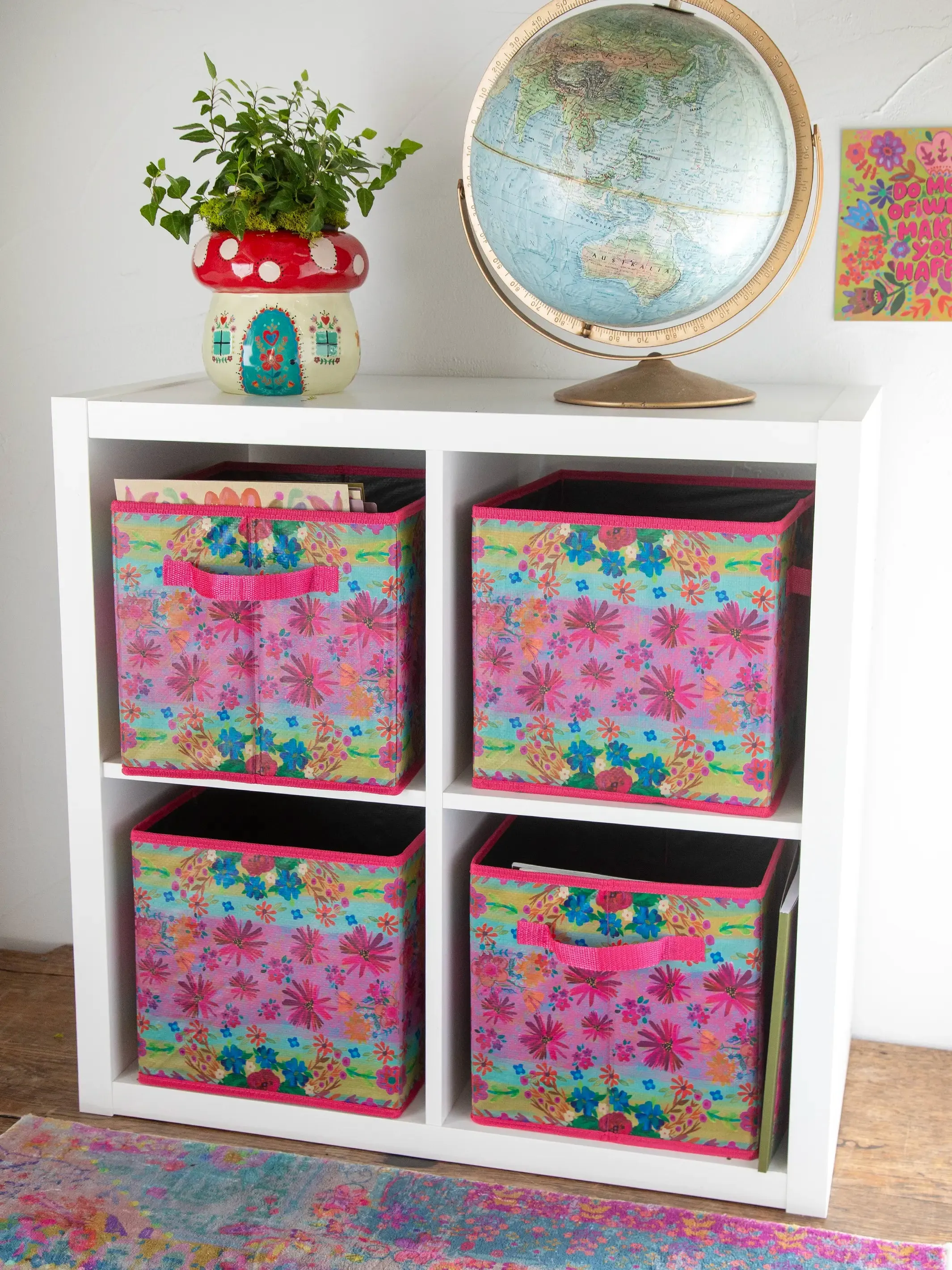 Collapsible Storage Cubes, Set of 2 - Pink Daisy Borders