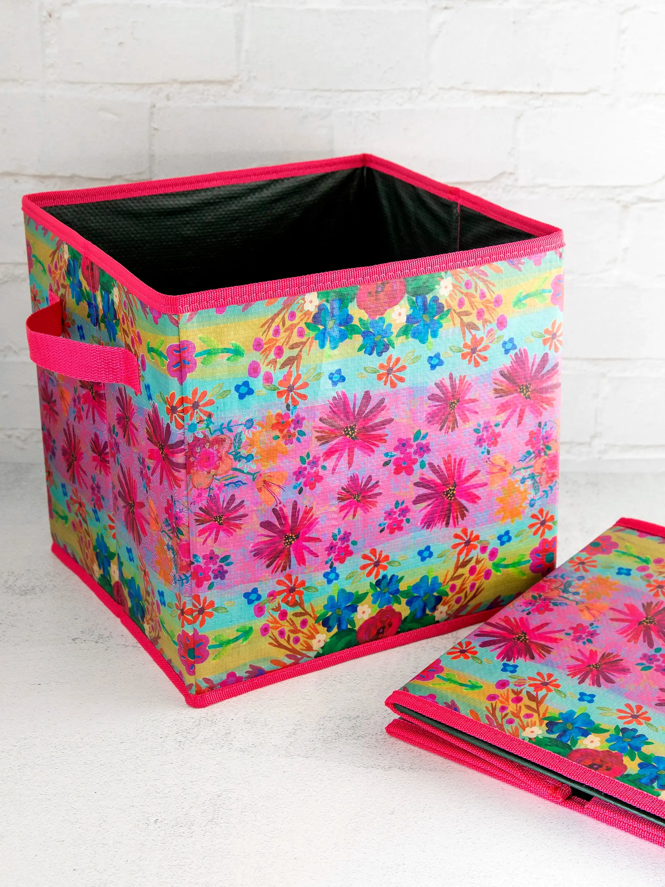 Collapsible Storage Cubes, Set of 2 - Pink Daisy Borders