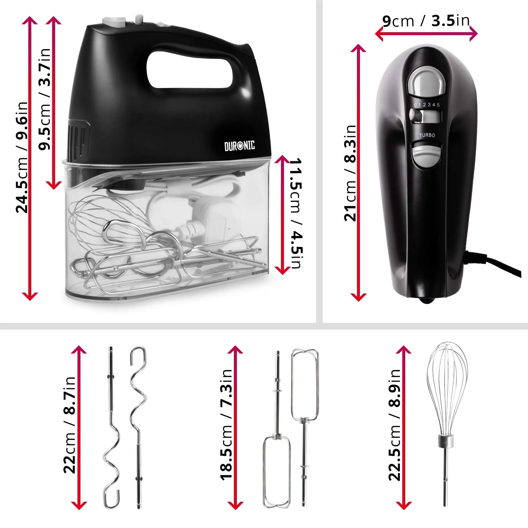 Duronic Hand Mixer Electric Whisk HM4BK Kitchen Handheld Hand Held Food Mixers for Baking, Dough, Bread, Eggs, Cake Mix, Cream, Brownie Maker Mixer with Whisker Hooks Beater Storage Case 400W - Black