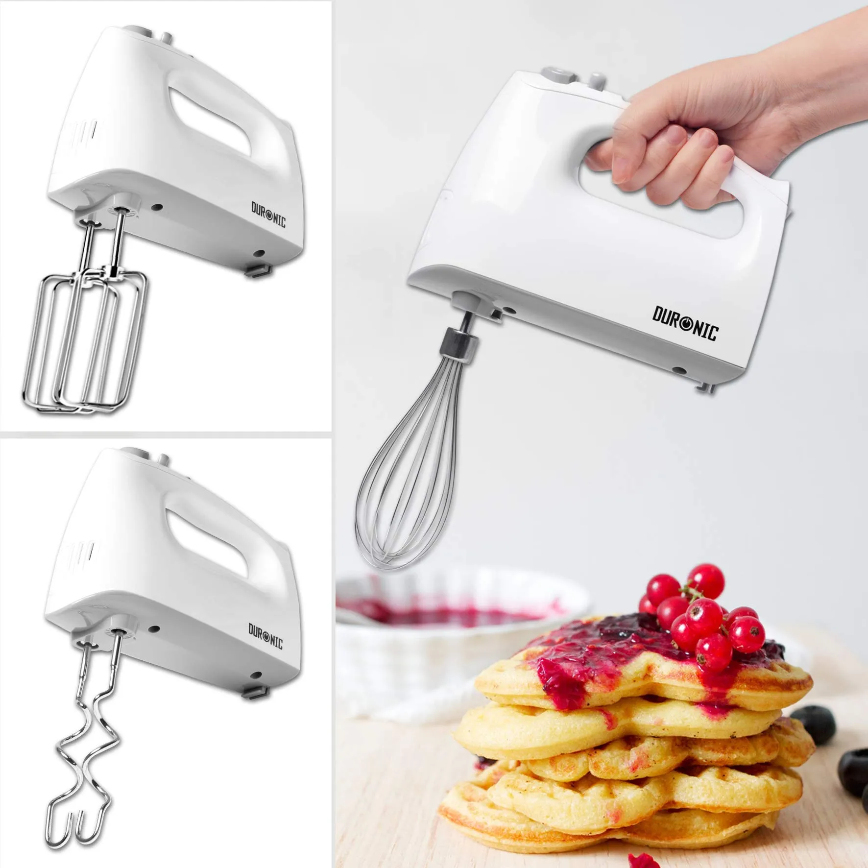 Duronic Hand Mixer Electric Whisk HM4W Kitchen Handheld Hand Held Food Mixers for Baking, Dough, Bread, Eggs, Cake Mix, Cream, Brownie Maker Mixer with Whisker Hooks Beater Storage Case 400W - White