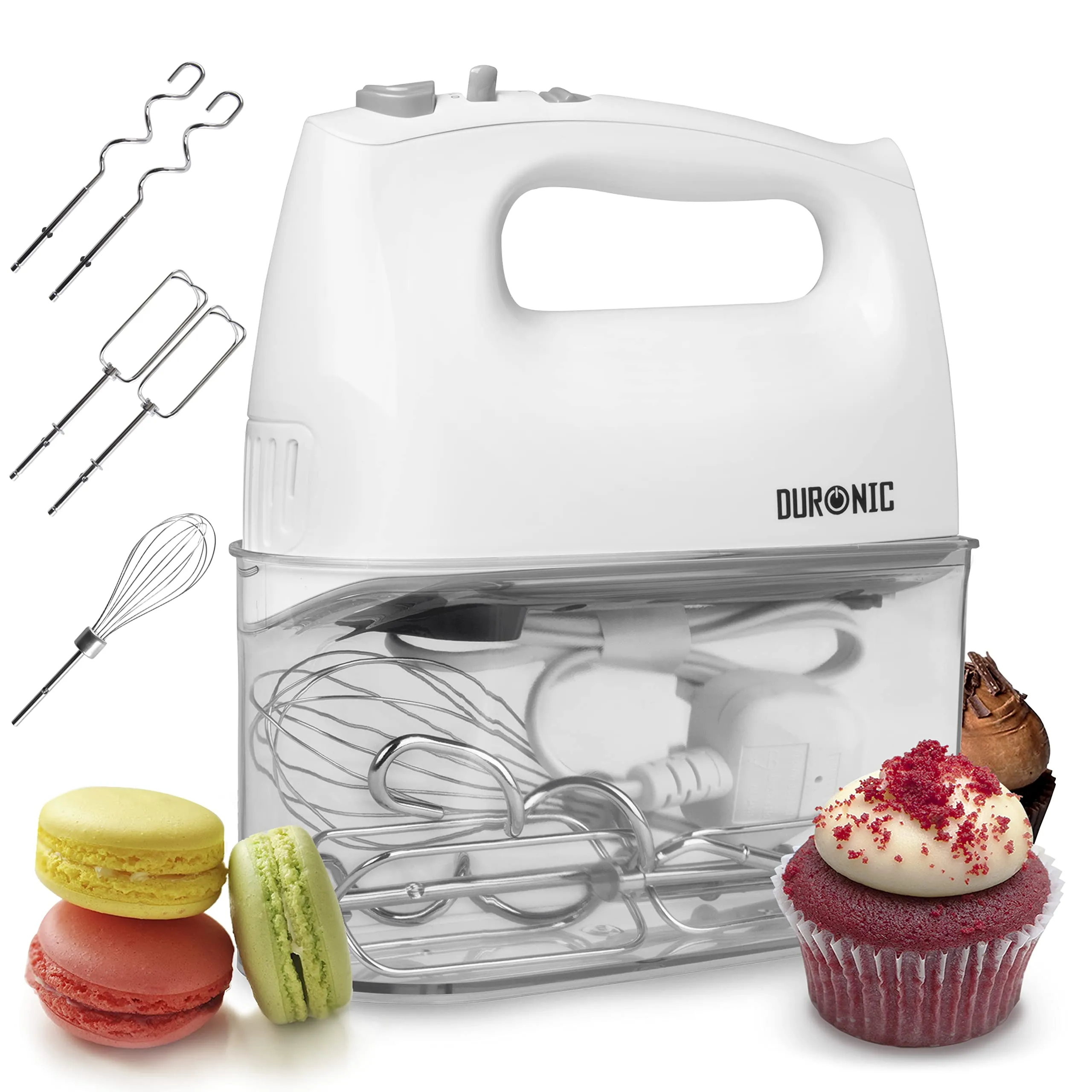 Duronic Hand Mixer Electric Whisk HM4W Kitchen Handheld Hand Held Food Mixers for Baking, Dough, Bread, Eggs, Cake Mix, Cream, Brownie Maker Mixer with Whisker Hooks Beater Storage Case 400W - White