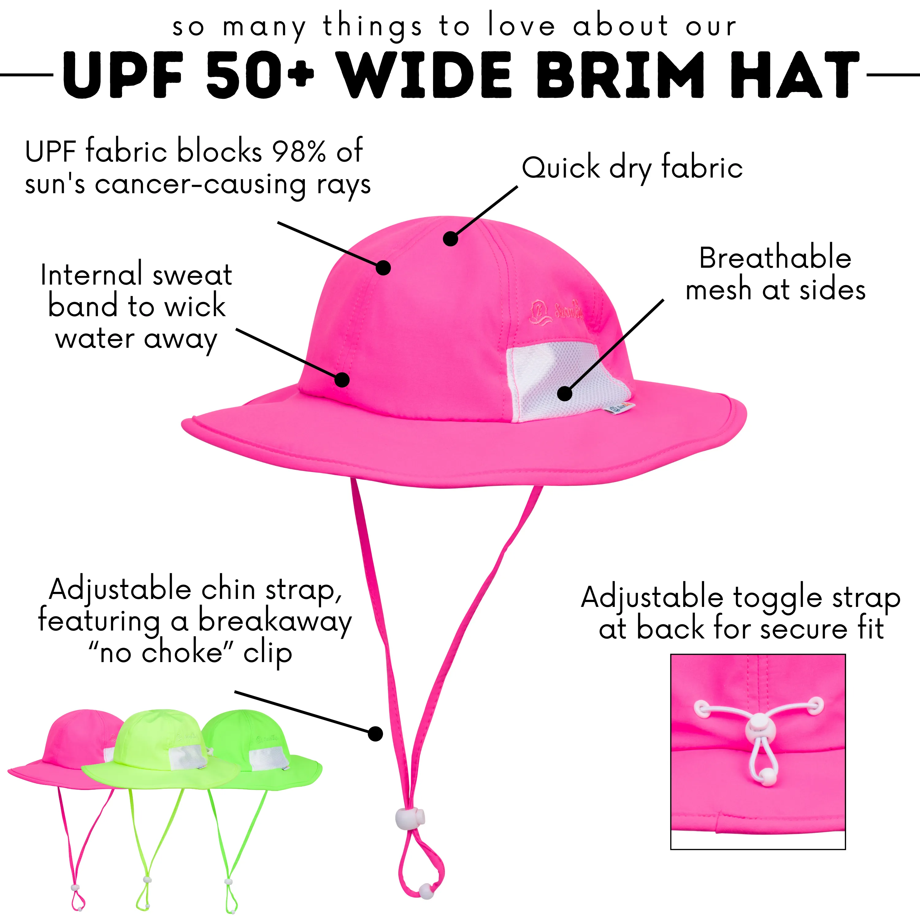 Kids Wide Brim Sun Hat "Fun Sun Day Play Hat" - Neon Shocking Pink