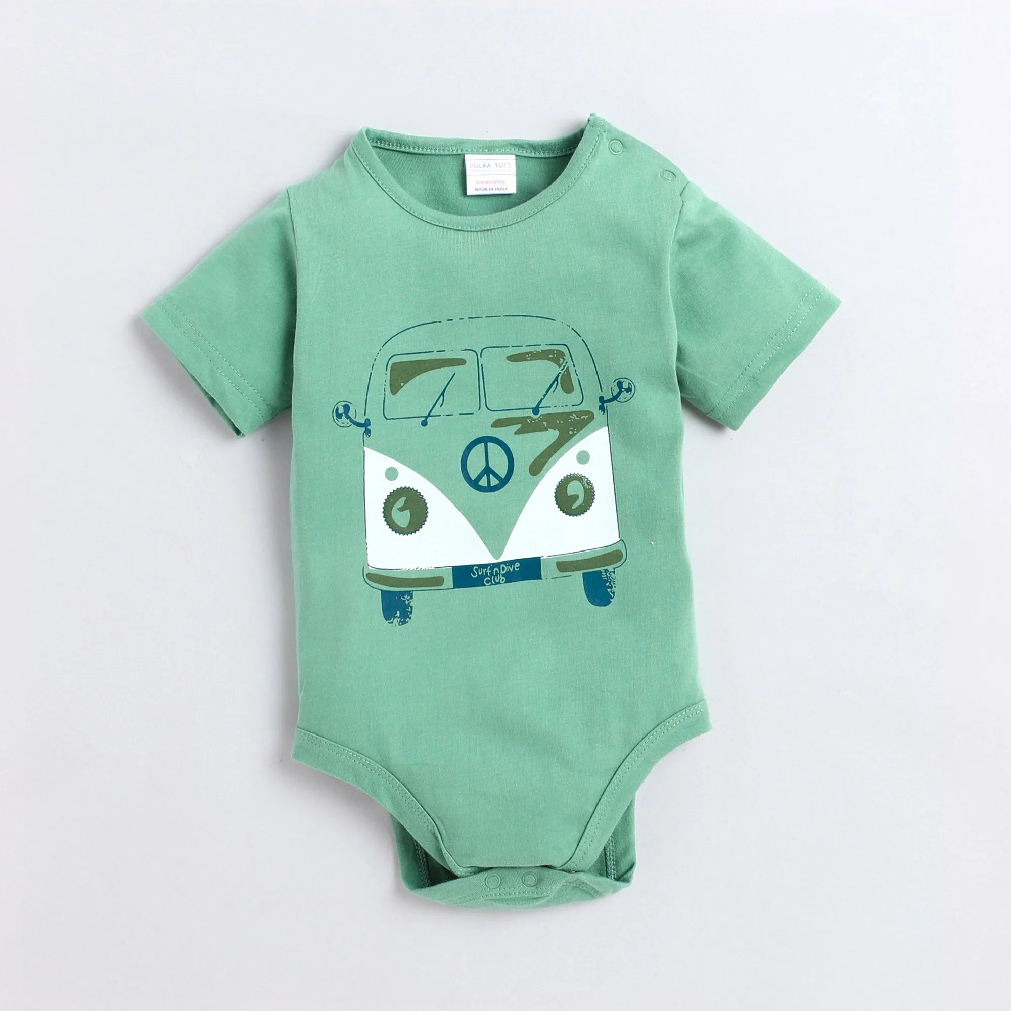 Polka Tots Half Sleeve Rompers Onesie Antibacterial Fabric Bus Green