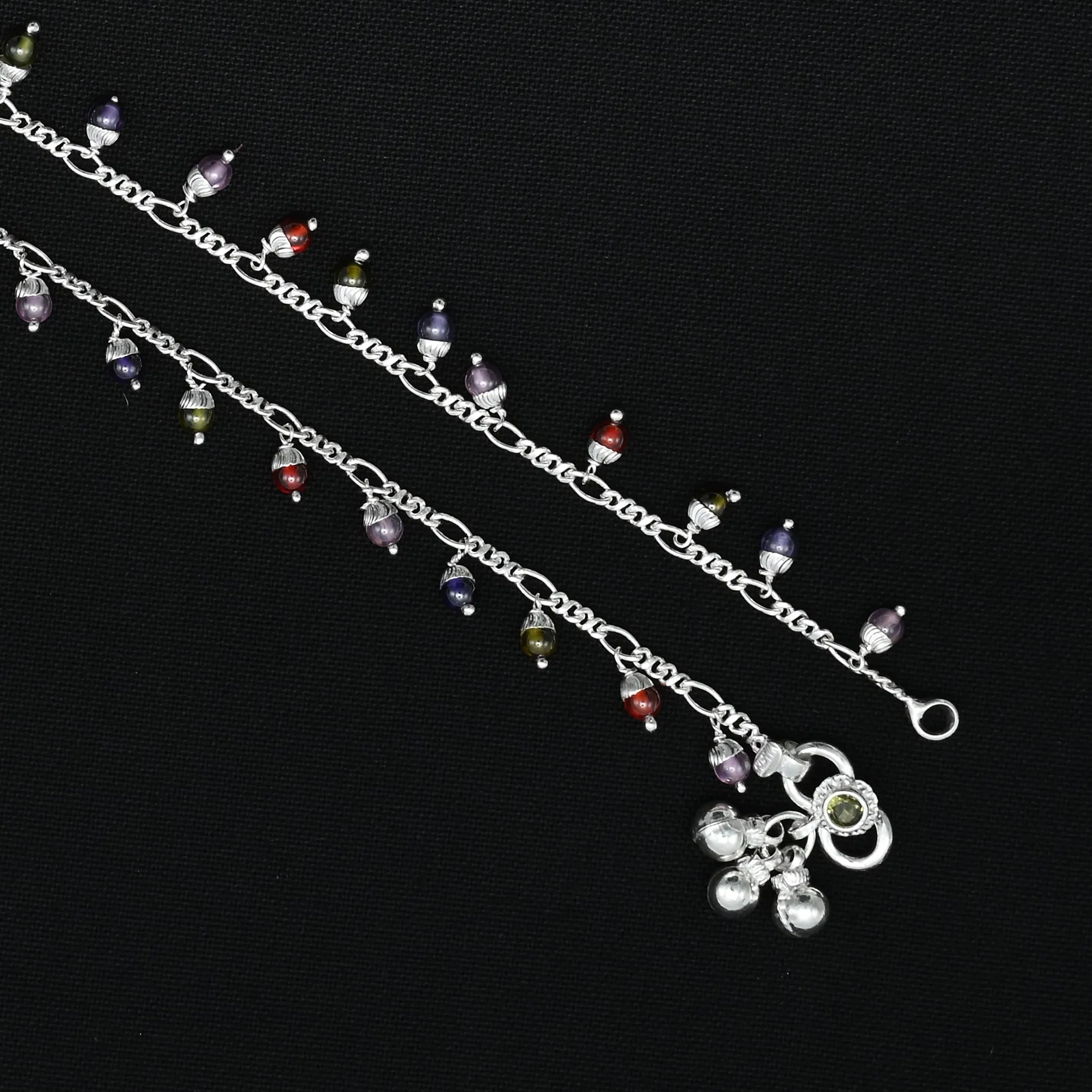 Silver Beautiful Chain With Colorful Gems Payal