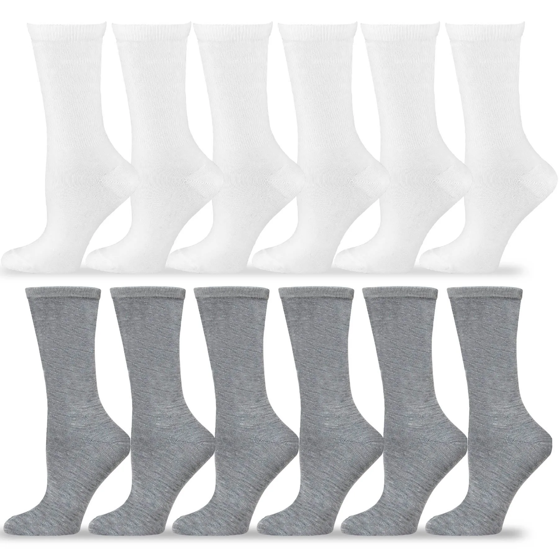 TeeHee Socks Women's Casual Polyester Crew White/Grey 12-Pack (12240)