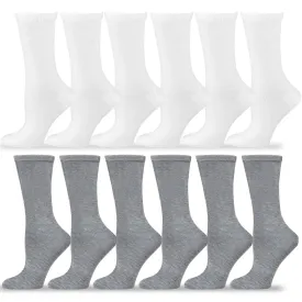 TeeHee Socks Women's Casual Polyester Crew White/Grey 12-Pack (12240)