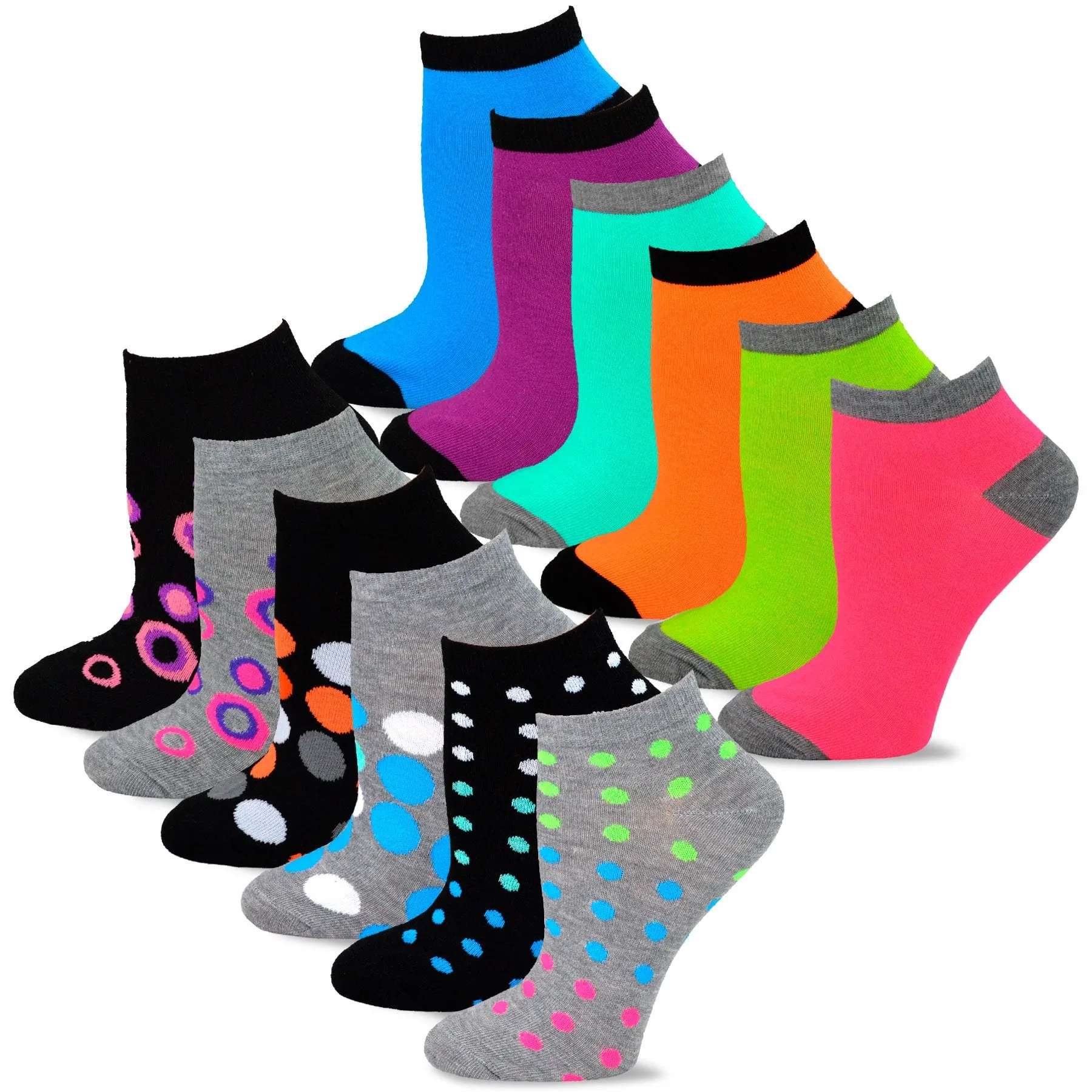 TeeHee Socks Women's Casual Polyester No Show Dots and Circles 12-Pack (12083)