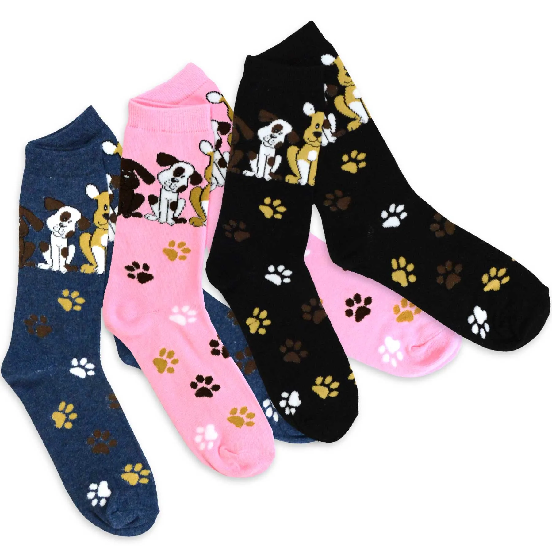 TeeHee Socks Women's Novelty Cotton Crew Doggies and Foot Prints 3-Pack (11128)