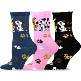 TeeHee Socks Women's Novelty Cotton Crew Doggies and Foot Prints 3-Pack (11128)