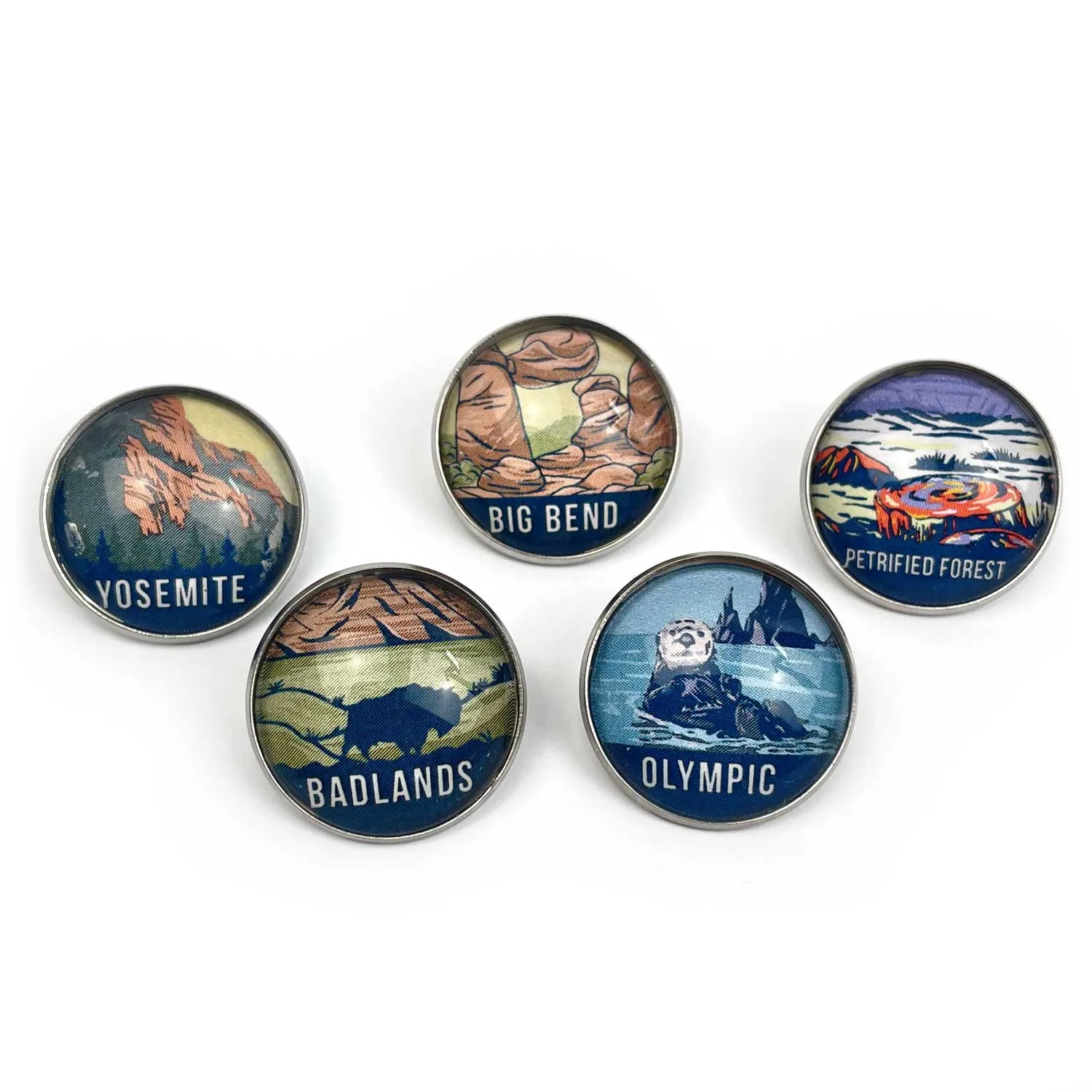 U.S. National Parks Glass Pinback Buttons, Lapel Pins – Glacier, Yosemite, Acadia, Zion, Yellowstone